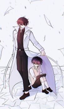 2boys bandage_on_elbow bandage_on_face bandage_on_knee bandages black_eyes black_hair black_shirt book coat collared_shirt dual_persona flying_paper full_body holding holding_book holding_coat holding_unworn_clothes kim_dokja knees_up looking_at_another male_focus multiple_boys muzililsp oldest_dream omniscient_reader&#039;s_viewpoint open_book open_clothes open_coat outstretched_arm paper popped_collar shared_clothes shared_coat shirt short_hair sitting unworn_coat vest white_coat white_shirt wind wind_lift yellow_vest