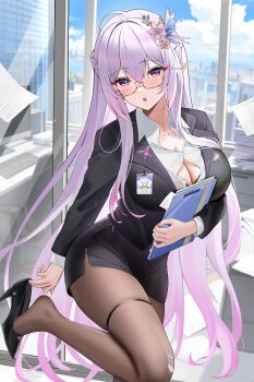 1girl bad_bilibili_link bad_link black_bra black_pantyhose black_shoes black_skirt blush bra breasts character_request cleavage earrings folder glasses hair_ornament high_heels highres holding holding_folder id_card indie_virtual_youtuber indoors jewelry large_breasts leg_up long_hair long_sleeves looking_at_viewer mole mole_under_eye open_mouth pantyhose pencil_skirt pointy_ears purple_eyes purple_hair qing_wu shoes skirt solo thigh_strap underwear very_long_hair virtual_youtuber