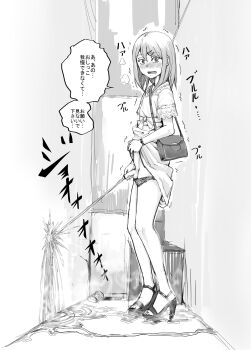 absurdres air_conditioner alley bag blush censored clothes_lift crossdressing dodomesu dress dress_lift flaccid foreskin handbag highres lifting_own_clothes looking_at_viewer monochrome open_mouth original panties panty_pull peeing peeing_on_wall penis puddle solo standing translation_request trap trembling underwear
