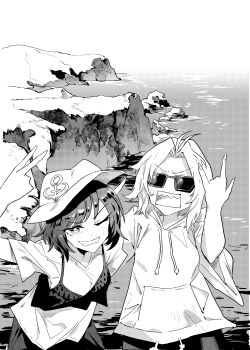2girls \n/ absurdres alternate_costume anchor_symbol cliff commentary_request contemporary grin hat highres hood hoodie kumoi_ichirin looking_at_viewer monochrome multiple_girls murasa_minamitsu ocean one_eye_closed outdoors senmura sharp_teeth shirt short_hair short_sleeves smile sunglasses teeth touhou upper_body upper_teeth_only v