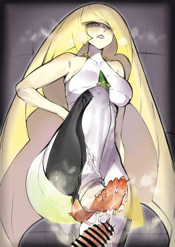 1girl absurdres barefoot blonde_hair cum feet green_eyes hand_on_own_hip highres hiro_(user_negm3832) long_hair lusamine_(pokemon) mature_female parted_lips pokemon pokemon_sm soles steam stirrup_legwear sweat toeless_legwear toes