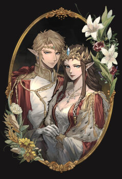 1boy 1girl alternate_costume black_background blonde_hair blue_eyes brown_hair closed_mouth commentary dress earrings flower gloves highres holding_hands husband_and_wife jewelry kurokawa_karasu link long_hair nintendo pointy_ears portrait portrait_(object) princess_zelda shirt short_hair symbol-only_commentary the_legend_of_zelda the_legend_of_zelda:_twilight_princess upper_body white_dress white_gloves white_shirt