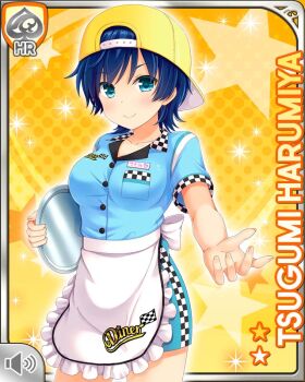 1girl apron aqua_eyes backwards_hat baseball_cap blue_dress blue_hair breasts card_(medium) character_name checkered_clothes closed_mouth diner dress girlfriend_(kari) green_eyes harumiya_tsugumi hat looking_at_viewer official_art qp:flapper short_hair smile standing tagme tomboy white_apron yellow_background
