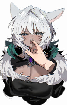 1girl animal_ears biting biting_finger breasts brooch cat_ears chu_yeon cleavage cropped_torso disembodied_hand facial_mark fangs feather_hair_ornament feathers final_fantasy final_fantasy_xiv finger_in_another's_mouth fur_trim hair_ornament half-closed_eyes highres jewelry looking_at_viewer miqo'te open_mouth pov pov_hands saliva short_hair simple_background solo_focus upper_body white_background white_hair y'shtola_rhul