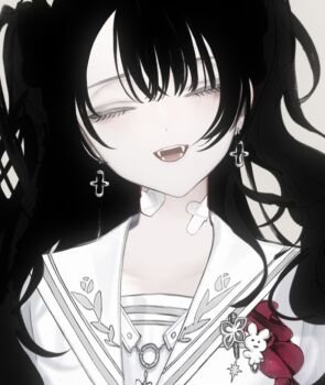 1girl bandaid black_hair closed_eyes cross cross_earrings earrings fangs highres jewelry kanaut_nishe long_hair open_mouth original sailor_collar school_uniform serafuku sidelocks smile solo ukai_saki white_serafuku