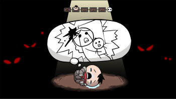 1boy coat crying darkest_dungeon fetal_position flashback fur_trim glowing glowing_eyes heads-up_display highres light overcoat parody remembering shadow speech_bubble style_parody the_binding_of_isaac thought_bubble traumatized user_interface varamill