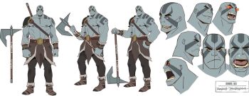 1boy abs angry axe bald bara bare_pectorals battle_axe reference_sheet chest_harness critical_role crying dungeons_&amp;_dragons multiple_expressions flaming_eyes frown grog_strongjaw harness head_tattoo highres holding holding_axe large_pectorals male_focus multiple_views muscular muscular_male nipples official_art pectorals phil_bourassa red_pupils shoulder_tattoo shouting smile stomach tattoo the_legend_of_vox_machina thick_eyebrows third-party_source weapon