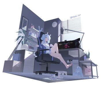 1girl absurdres animal_ear_headphones animal_ears artist_name bandaid bandaid_on_knee bandaid_on_leg barefoot blue_eyes blue_hair blue_jacket blue_nails bottle breasts chair clock closed_mouth collared_shirt commentary controller crossed_bangs cup desk_microphone dress_shirt fake_animal_ears feet full_body game_controller gaming_chair grey_shorts hair_between_eyes hair_ornament hairclip headphones hibiki-147 highres holding holding_controller holding_cup holding_game_controller indoors jacket light_particles looking_at_viewer medium_hair monitor mug nintendo_switch on_chair open_clothes open_jacket original picture_frame plant potted_plant rug shelf shirt shorts sitting smile solo stuffed_animal stuffed_rabbit stuffed_toy swivel_chair toes water_bottle white_shirt