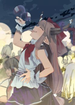 5girls absurdres blunt_bangs bottle bow bowtie commentary hakurei_reimu highres holding holding_bottle horns ibuki_suika long_hair multiple_girls night oni orange_hair pointy_ears red_bow red_bowtie shi_chimi solo_focus touhou very_long_hair water_drop wrist_cuffs