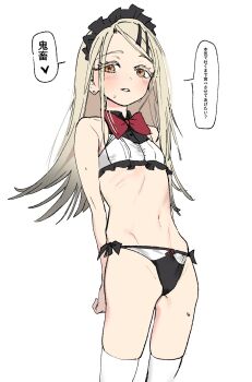 Rule 34 | 1girl, arms behind back, black hairband, black panties, blush, bow, bowtie, brown eyes, crop top, dorontabi, gakuen idolmaster, hairband, highres, idolmaster, light brown hair, long hair, looking at viewer, maid headdress, navel, panties, red bow, red bowtie, ribs, shinosawa hiro, simple background, skinny, solo, standing, sweat, tagme, thighhighs, translation request, underwear, white background, white thighhighs