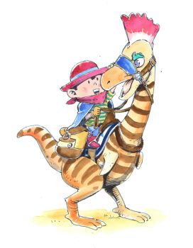 1boy adapted_costume akahanadragon backpack bag bandana bandana_around_neck black_hair blush boots cape cowboy_boots cowboy_hat crested_booka denim gloves hat highres jeans monster mother_(series) mother_2 ness_(mother_2) nintendo open_mouth pants riding saddle shirt smile striped_clothes striped_shirt unworn_backpack unworn_bag