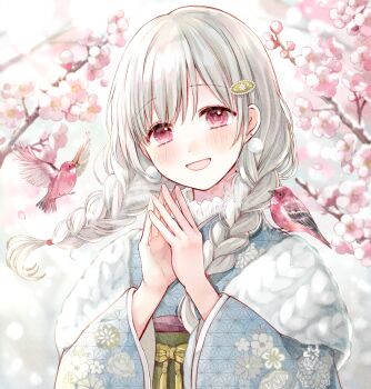 1girl :d animal animal_on_shoulder asa_no_ha_(pattern) bird bird_on_shoulder blue_kimono braid branch cherry_blossoms commentary_request earrings falling_petals floating_hair floral_print floral_print_kimono hair_ornament hair_over_shoulder hands_up highres japanese_clothes jewelry kimono light_particles long_hair long_sleeves looking_at_viewer low_twin_braids obi obijime open_mouth original outdoors petals pink_bird pink_eyes print_kimono sash smile solo steepled_fingers tententuyu twin_braids upper_body white_hair wide_sleeves