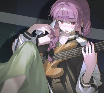 1girl bass_guitar black_bow black_ribbon bocchi_the_rock! bow braid dress earrings green_dress hair_ornament highres hiroi_kikuri holding holding_instrument instrument jacket jewelry multicolored_jacket plectrum purple_eyes purple_hair ribbon schu_1112 sharp_teeth single_braid solo string teeth track_jacket two-tone_jacket