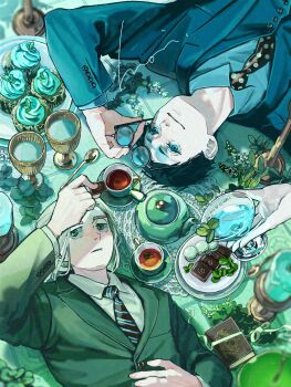 2boys absurdres black_hair blonde_hair blue_eyes blue_jacket book candle chocolate cup cupcake food gold_cup gold_spoon green_eyes green_jacket hand_on_own_stomach highres holding holding_cup jacket lying macaron male_focus mint_leaf mori_hisato multiple_boys necktie original plant polka_dot_necktie round_eyewear short_hair spoon striped_necktie table tea teacup teapot tiles tinted_eyewear