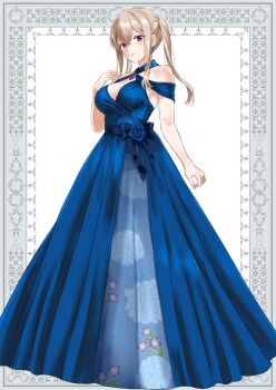 1girl alternate_costume blonde_hair blue_dress breasts commentary_request dress full_body graf_zeppelin_(kancolle) grey_eyes hair_between_eyes highres kantai_collection large_breasts long_dress long_hair mikeneko_2828 sidelocks solo twintails