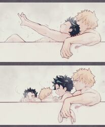 2koma baby bakudeku bakugou_katsuki bath bathing bathtub blonde_hair boku_no_hero_academia comic curly_hair familt freckles green_hair highres jam_praton lying_on_person male midoriya_izuku nude omegaverse spiked_hair toddler yaoi