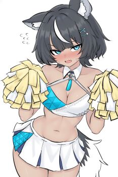 1girl absurdres animal_ears black_hair blue_eyes blush cheerleader collar dog_ears dog_girl dog_tail fangsie_fido highres midriff miniskirt multicolored_hair open_mouth pleated_skirt pom_pom_(cheerleading) skirt tail thedarkenjoyer two-tone_hair variance_project virtual_youtuber white_background white_hair