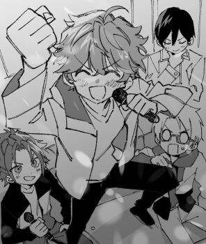 Rule 34 | 4boys, ahoge, akehoshi subaru, arm up, blush, clenched hand, closed eyes, commentary, ensemble stars!, facing viewer, glasses, greyscale, hair between eyes, hand on own chin, hidaka hokuto, highres, holding, holding microphone, isara mao, jacket, karaoke, long sleeves, looking at another, maki keigo, male focus, microphone, monochrome, multiple boys, open clothes, open jacket, open mouth, red-framed eyewear, short hair, smile, stroking own chin, surprised, sweatdrop, trickstar (ensemble stars!), yuuki makoto (ensemble stars!)