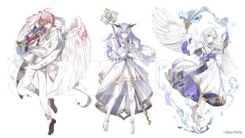 1boy 2girls absurdres ahoge alternate_costume angel angel_wings anklet black_horns black_shoes blue_eyes blue_gemstone book boots bracelet bracer bridal_gauntlets cape capelet chalice closed_mouth colored_inner_hair copyright_notice cross-shaped_pupils cup dress ear_piercing feathered_wings floating_scarf frilled_sleeves frills full_body fur-trimmed_capelet fur_trim gem gold_trim hair_between_eyes halo heterochromia highres holding holding_book holding_cup holding_instrument holding_staff holding_trumpet hood hood_down hoodie horns instrument jewelry kasukano_uturo lineup long_hair long_sleeves looking_at_viewer medium_dress minase_(neo-porte) mole mole_under_eye multicolored_hair multiple_girls nail_polish neo-porte object_floating_above_hand official_art outstretched_arms pants piercing pink_hair pleated_skirt puritan_collar purple_dress purple_eyes purple_hair purple_nails purple_sash red_eyes sample_watermark sash scarf shirt shoes short_dress short_hair short_hair_with_long_locks simple_background skirt spread_arms staff standing stole streaked_hair symbol-shaped_pupils tentei_forte thigh_boots trumpet two-sided_dress two-sided_fabric virtual_youtuber waist_sash water watermark white_background white_boots white_bridal_gauntlets white_cape white_capelet white_dress white_hair white_halo white_hoodie white_overskirt white_pants white_scarf white_shirt white_shoes white_wings wings yellow_eyes yonemuro