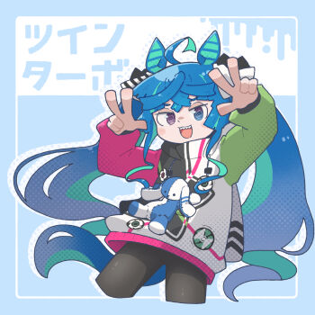 1girl @_@ ahoge animal_ears arms_up black_bodysuit blue_background blue_eyes blue_hair blush bodysuit double_v heterochromia highres horse_ears horse_girl horse_tail long_hair looking_at_viewer multicolored_hair open_mouth pink_eyes sharp_teeth short_hair smile solo sorairo_meronpan stuffed_animal stuffed_rabbit stuffed_toy tail teeth tongue translated twin_turbo_(blast_mode!_turbo_engine)_(umamusume) twin_turbo_(umamusume) twintails umamusume upper_teeth_only v