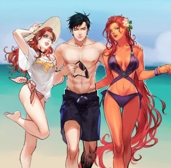1boy 2girls abs arm_around_shoulder arm_hug artist_request bad_id bad_tumblr_id barbara_gordon batman_(series) beach bikini bikini_under_clothes black_hair blue_eyes blue_male_swimwear blue_swim_trunks bracelet breasts choker cleavage colored_skin day dc_comics dick_grayson drawstring eskimosheep flower green_eyes hair_flower hair_ornament hat jewelry long_hair male_swimwear medium_breasts mole mole_above_mouth multiple_girls muscular orange_skin purple_bikini red_hair smile starfire striped_bikini striped_clothes sun_hat sunglasses swim_trunks swimsuit teen_titans toned topless_male unworn_eyewear very_long_hair