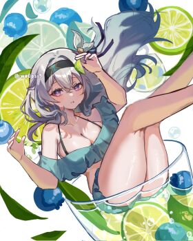 1girl alternate_costume aqua_bikini bikini black_hairband blue_pupils blue_ribbon blueberry blush breasts cleavage cup firefly_(honkai:_star_rail) food frilled_bikini frills fruit gradient_hair grey_hair hair_between_eyes hair_intakes hair_ornament hair_ribbon hairband highres honkai:_star_rail honkai_(series) in_container in_cup large_breasts lime_(fruit) lime_slice long_hair multicolored_eyes multicolored_hair open_mouth purple_eyes ribbon simple_background solo swimsuit teeth white_background woopsi9