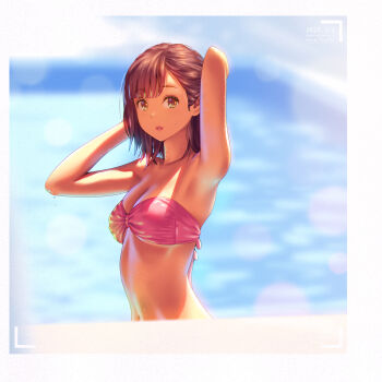 1girl a.x. absurdres armpits arms_up beach bikini blunt_bangs blurry blurry_background bokeh breasts brown_eyes brown_hair cleavage commentary_request dated depth_of_field hand_in_own_hair highres looking_at_viewer medium_breasts medium_hair navel ocean original outdoors parted_lips pink_bikini sand_on_skin solo strapless strapless_bikini swimsuit upper_body viewfinder wet