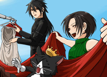 bare_arms bare_shoulders black_hair black_shirt blue_background boots breasts brown_boots cait_sith_(final_fantasy) cat clothes_hanger crown final_fantasy final_fantasy_vii furrowed_brow gloves green_shirt hair_between_eyes holding holding_clothes_hanger laundry light_blush long_hair medium_breasts mini_crown open_mouth parted_bangs parted_lips red_eyes s_m_man shirt short_hair sleeveless sleeveless_turtleneck smile sweatdrop turtleneck tuxedo_cat upper_body vincent_valentine white_gloves yuffie_kisaragi