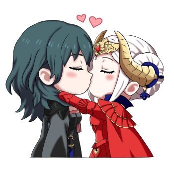 2girls absurdres blue_hair blush chibi chibi_only couple crown double_bun edelgard_von_hresvelg edelgard_von_hresvelg_(timeskip) female_byleth_(fire_emblem) fire_emblem fire_emblem:_three_houses green_hair hair_bun heart highres kiss multiple_girls nekomoni nintendo sticker white_hair yuri