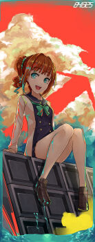 1girl bad_id bad_pixiv_id brown_hair cardigan female_focus green_eyes idolmaster idolmaster_(classic) kimera legs loafers no_legwear open_mouth school_uniform serafuku shoes sitting skirt smile solo takatsuki_yayoi twintails