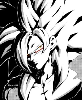 Rule 34 | 1boy, absurdres, bare shoulders, body fur, closed mouth, cropped shoulders, dragon ball, highres, horang4628, limited palette, long hair, looking at viewer, male focus, monkey boy, monochrome, muscular, muscular male, no nipples, pectorals, saiyan, solo, son goku, spiked hair, super saiyan, super saiyan 4, yellow eyes