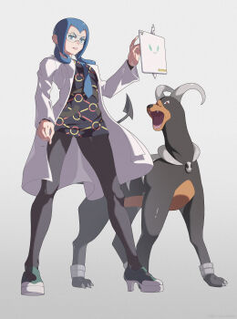 1girl black_pantyhose blue-tinted_eyewear blue_eyes blue_hair blue_necktie breasts coat dress fangs gen_2_pokemon gen_4_pokemon hair_rings highres horns houndoom kmconceptart lab_coat long_hair long_sleeves looking_at_viewer mable_(pokemon) necktie nintendo open_clothes open_coat open_mouth pantyhose pokemon pokemon_(creature) pokemon_legends:_z-a rotom rotom_phone safety_glasses sharp_teeth shoes simple_background tablet_pc tail teeth tinted_eyewear white_coat white_dress