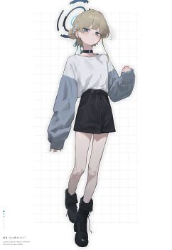 Rule 34 | 1girl, absurdres, amenatsu, ankle boots, black choker, black footwear, blonde hair, blue archive, blue eyes, blue halo, boots, choker, full body, hair bun, halo, highres, long sleeves, miniskirt, skirt, toki (blue archive), twitter username, white background