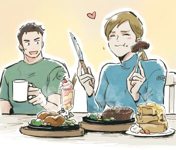 Rule 34 | 1boy, 1girl, beard stubble, black hair, blue shirt, chair, chris redfield, closed eyes, coffee mug, commentary request, cup, eating, facial hair, food, food on face, fork, green shirt, heart, highres, holding, holding knife, jill valentine, knife, mug, on chair, plate, resident evil, shirt, simple background, sitting, smile, stubble, sweatdrop, t (t345678912)