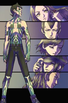 2girls 4boys black_border black_hair black_hat black_shorts border brown_hair demi-fiend facial_hair from_side full-body_tattoo gradient_background grey_eyes hat hat_over_one_eye hibiki_(120919316) highres hijiri_jyouji hikawa_(megami_tensei) horns jewelry long_hair looking_at_viewer looking_to_the_side looking_up multiple_boys multiple_girls mustache_stubble newsboy_cap nitta_isamu ring shin_megami_tensei shin_megami_tensei_iii:_nocturne shoes short_hair shorts single_horn sneakers stubble tachibana_chiaki_(megami_tensei) takao_yuko tattoo topless_male yellow_eyes