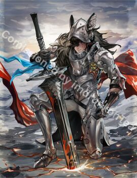 1boy animal_ear_helmet animal_helmet armor armored_boots black_gloves black_hair black_mask boots breastplate burn_scar cape commission crack cracked_floor elbow_pads full_body gloves greatsword grey_eyes hand_on_hilt helmet highres imdrunkontea j_(reverse:1999) looking_at_viewer male_focus mask_over_one_eye mountain official_alternate_costume on_one_knee outdoors overcast planted planted_sword planted_weapon red_cape reverse:1999 scar scar_on_face second-party_source short_hair shoulder_armor sky smile solo sword watermark weapon