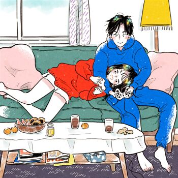 1girl barefoot black_eyes black_hair blue_hoodie blush coffee_table colored_skin commentary controller cookie couch cup curtains emamemamo33 fingernails food fruit full_body game_controller highres holding holding_controller holding_game_controller hood hoodie indoors iridescent_hair lamp lap_pillow long_sleeves magazine_(object) on_couch orange_(fruit) original pants pillow playing_games red_sweater rug short_hair shorts slice_of_life snack sweater sweatpants table tablecloth traditional_media white_shorts white_skin wicker_basket window wooden_floor