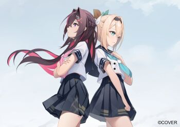 2girls aqua_eyes aqua_neckerchief asymmetrical_sidelocks azki_(hololive) black_hair black_hairband blonde_hair blue_neckerchief braid buttons colored_inner_hair commentary_request copyright_notice cowengium crossed_arms crossed_bangs double-breasted double-parted_bangs floating_hair hair_intakes hair_ornament hairband hairclip half_up_half_down_braid hand_on_own_chest hololive kazama_iroha kazama_iroha_(school_uniform) long_hair medium_hair miniskirt mole mole_under_eye multicolored_hair multiple_girls neckerchief official_alternate_costume official_art pink_hair pink_neckerchief pleated_skirt ponytail purple_eyes school_uniform serafuku shirt short_sleeves sidelocks simple_background skirt streaked_hair very_long_hair virtual_youtuber white_background white_hair white_shirt