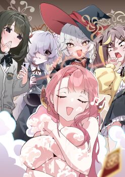 5girls :o absurdres aru_(blue_archive) bathing black_dress blue_archive braid breasts brown_hair cardigan cellphone completely_nude demon_horns dress eri_(blue_archive) green_hair grey_cardigan grey_hair halo hat highres holding holding_phone horns its2h35 kanoe_(blue_archive) large_breasts looking_at_another multiple_girls nude phone pinafore_dress pink_hair potion rena_(blue_archive) single_braid sleeveless sleeveless_dress smartphone soap_bubbles sparkling_eyes summoning surprised tsumugi_(blue_archive) witch_hat
