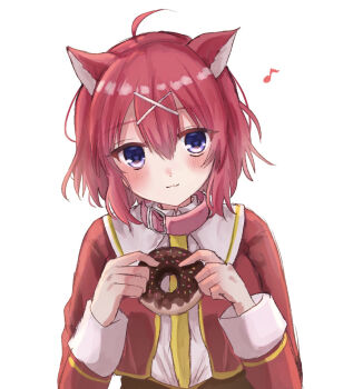 1girl :3 ahoge amairo_islenauts animal_collar animal_ears blush chocolate_donut closed_mouth collar commentary_request donut fen_cichlid_girls_academy_school_uniform food hair_between_eyes hair_ornament hands_up highres holding holding_donut holding_food jacket long_sleeves looking_at_viewer masaki_gaillard medium_hair musical_note necktie open_clothes open_jacket purple_eyes red_hair red_jacket retugo_asa school_uniform shirt smile solo upper_body white_background white_shirt wolf_ears wolf_girl x_hair_ornament yellow_necktie