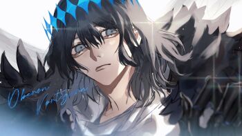 1boy black_cape black_hair blue_eyes cape character_name closed_mouth commentary_request expressionless fate/grand_order fate_(series) grey_eyes grey_hair hair_between_eyes looking_at_viewer male_focus oberon_(fate) oberon_(third_ascension)_(fate) ou_syoku7 portrait solo