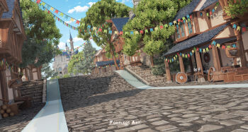 3d absurdres axe blender_(medium) blue_sky building castle cityscape cloud cobblestone commentary crate english_commentary foxeleos highres house log no_humans original outdoors pavement photoshop_(medium) road scenery shield sky stairs street string_of_flags tree watermark wheel