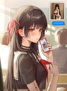 1girl aibek black_bra black_choker black_panties black_shirt blush bra breasts cellphone chisa_(wuthering_waves) choker classroom commentary hair_ribbon highres holding holding_phone indoors looking_at_viewer medium_breasts mole mole_under_eye neckerchief panties parted_lips people phone red_eyes red_neckerchief red_ribbon ribbon sailor_collar shirt short_sleeves smartphone solo_focus symbol-only_commentary tacet_mark_(wuthering_waves) text_messaging underwear upper_body white_sailor_collar wuthering_waves