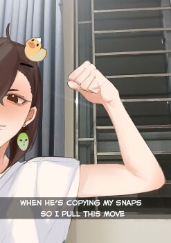 Rule 34 | 1girl, absurdres, arm up, ayase momo, black hair, blush, brown eyes, closed mouth, dandadan, duck hair ornament, earrings, hachi (chisano hako), hand up, highres, jewelry, medium hair, meme, photo background, shirt, solo, white shirt