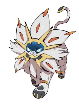 animal_focus animal_hands blue_sclera colored_sclera full_body gen_7_pokemon legendary_pokemon lion looking_at_viewer mane nintendo no_humans pokemon pokemon_(creature) pokemon_focus simple_background solgaleo solo standing white_background white_eyes white_fur yumeminoideyu2