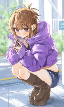 Rule 34 | 1girl, absurdres, boots, brown boots, brown hair, can, canned food, commentary request, cropped jacket, denim, denim skirt, fingernails, full body, highres, hochiya-san wa amariaru, hochiya kirei, holding, holding can, jacket, long fingernails, looking at viewer, misekiss, open mouth, platform boots, plump, purple eyes, purple jacket, purple nails, shiruko (food), skirt, solo, squatting