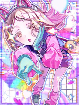 1girl :o animal_ear_hairband animal_ears aqua_gloves bag blonde_hair blue_jacket blue_shorts colored_eyelashes commentary_request emoji fake_animal_ears floating_hair foot_out_of_frame gakuen_idolmaster gloves gradient_hair green_shoes hairband hand_on_own_face hands_up heart highres idolmaster jacket leaning_forward light_blush long_hair long_sleeves looking_at_viewer loose_socks miracle_na_now!_(idolmaster) multicolored_hair multicolored_jacket multicolored_shorts open_mouth orange_eyes outline parted_bangs pink_hair pink_jacket pink_shorts pink_socks pixelated pleading_face_emoji pointing pointing_at_viewer puffy_sleeves shinosawa_hiro shoes short_shorts shorts shoulder_bag small_sweatdrop sneakers socks solo star_(symbol) sticker_on_leg white_outline yellow_bag yuuki_hajime