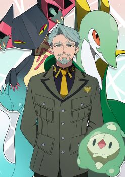 absurdres arms_behind_back beard black_shirt challia_bull choco_(chocovix112) closed_mouth collared_shirt commentary_request crossover dragapult dreepy duosion facial_hair gen_5_pokemon gen_8_pokemon green_jacket grey_eyes grey_hair gundam gundam_gquuuuuux highres jacket looking_at_viewer mustache necktie nintendo open_mouth pokemon pokemon_(creature) serperior shirt thick_eyebrows yellow_necktie