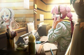 3girls ahoge anyoji_hime black_ribbon blonde_hair blue_eyes blue_hair blunt_bangs brown_hair dress fang flower fujishima_megumi game_cg gradient_hair hair_flower hair_ornament hair_ribbon hands_on_headphones hands_on_own_hips hasu_no_sora_school_uniform head_out_of_frame headphones highres holding hood hooded_jacket jacket light_blue_hair link!_like!_love_live! long_hair long_sleeves love_live! microphone mira-cra_park! multi-tied_hair multicolored_hair multiple_girls neckerchief official_art open_clothes open_jacket open_mouth osawa_rurino parted_bangs pink_flower pink_hair pink_nails pleated_dress ponytail profile puffy_short_sleeves puffy_sleeves radio_booth red_neckerchief ribbon sailor_collar sailor_dress school_uniform script short_sleeves sidelocks sideways_mouth sitting smile studio_microphone summer_uniform swept_bangs teeth third-party_source twintails upper_teeth_only virtual_youtuber white_jacket white_sailor_collar