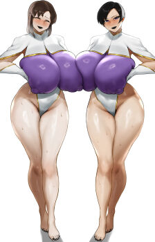 2girls aged_up alternate_breast_size_(larger) bare_legs black_hair black_lips black_nails breast_press breasts brown_hair commentary_request full_body furaido_potato gigantic_breasts gundam gundam_seed highres leotard mature_female medium_hair multiple_girls murrue_ramius natarle_badgiruel puffy_nipples see-through_clothes see-through_leotard shiny_skin short_hair skin_tight smile sweat